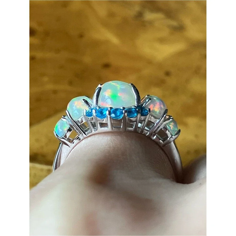 Natural Ethiopian Opal Blue Apatite Sterling Silver Ring Size 7